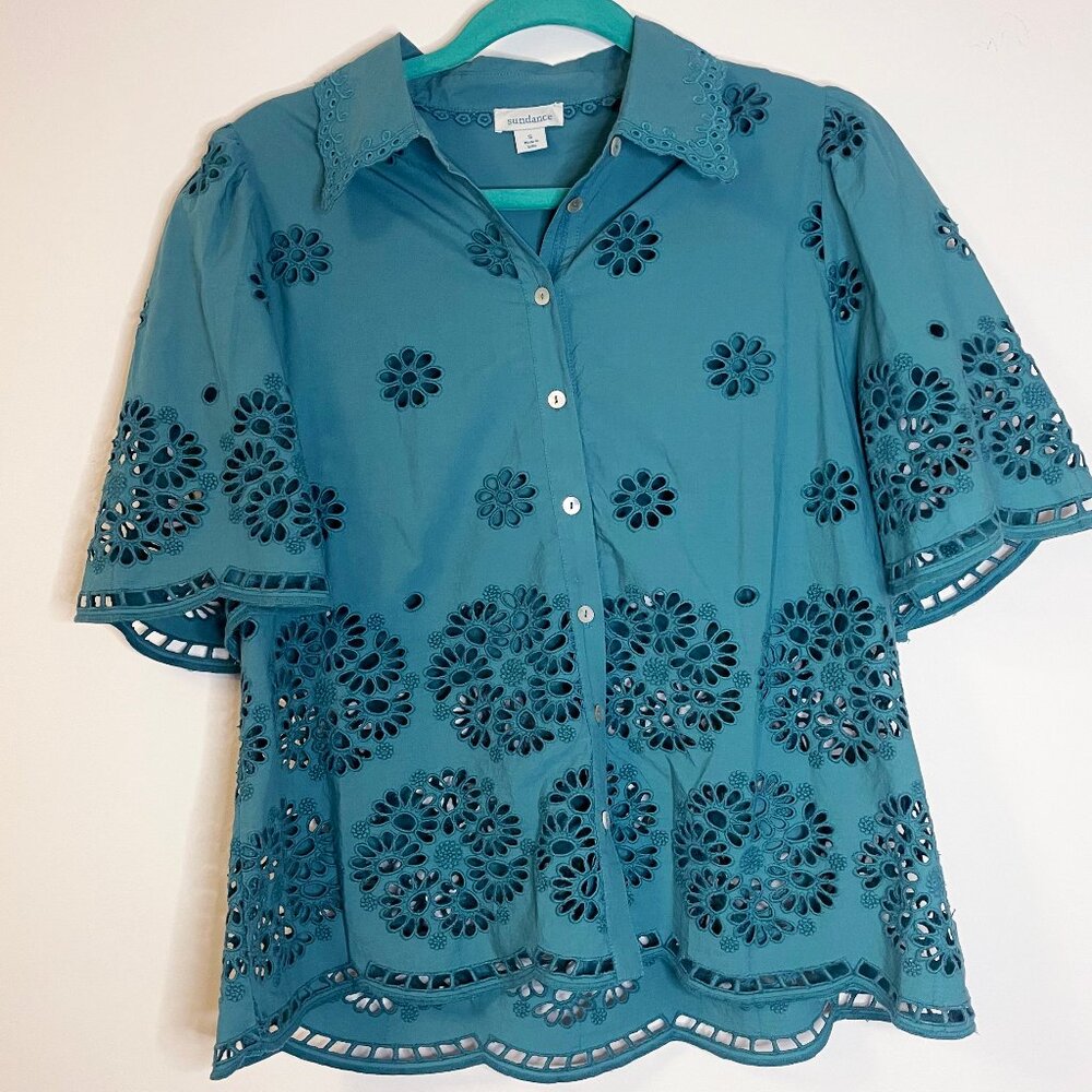Sundance Teal Floral Cutwork Button-Front Blouse